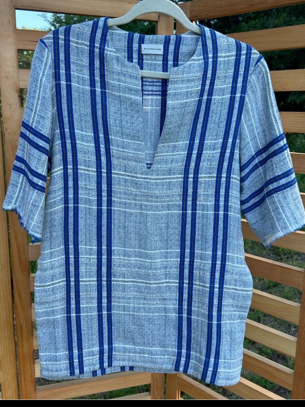 Malene Birger |S| Textured Linen Blend Blue Striped Tunic Top Frayed Sleeve